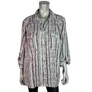Maggie Barnes Shirt Plus Size 18/20W Roll Tab Sleeve‎ Pockets Stretch Brown